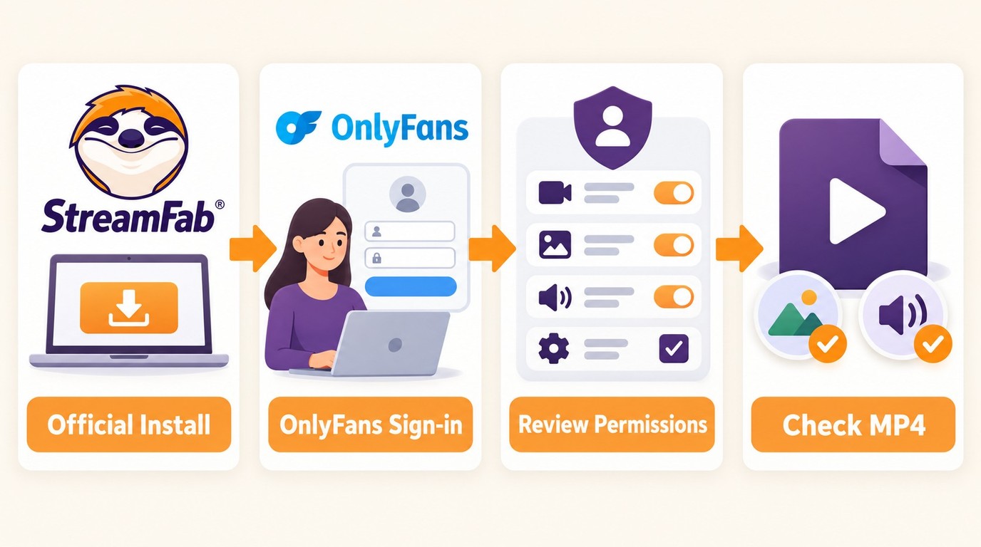StreamFab workflow from official install to supported sign-in and permission review