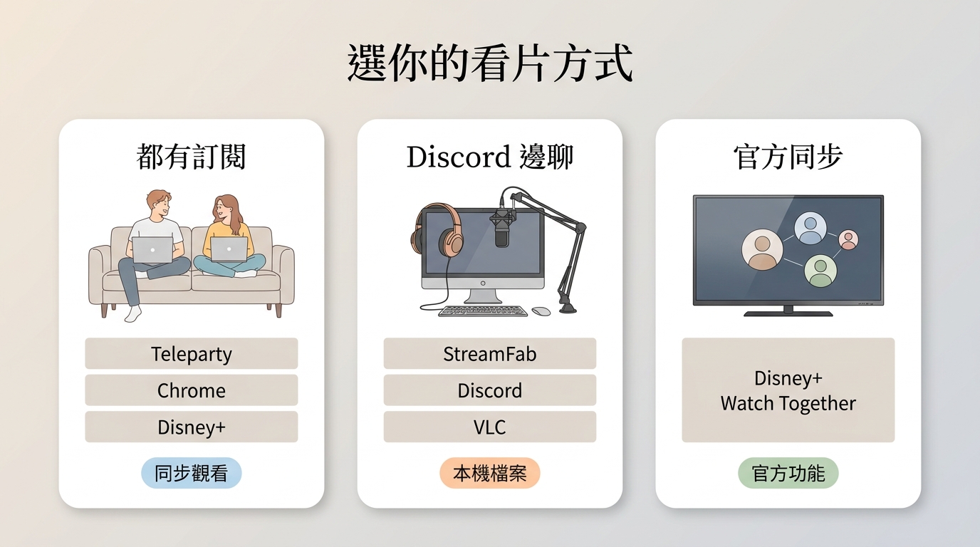 依 Disney+ 訂閱與 Discord 觀影需求選擇 Teleparty、Watch Together 或 StreamFab