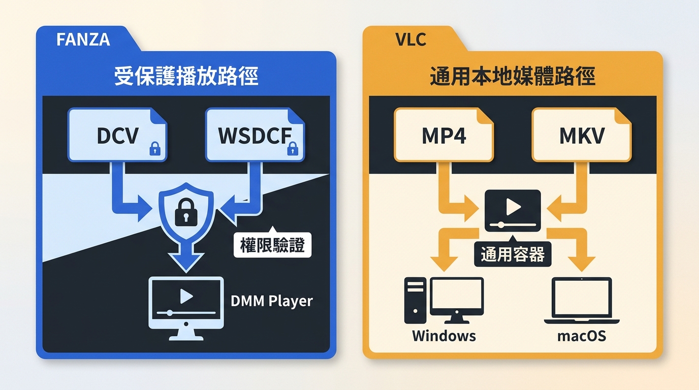 FANZA的DCV與WSDCF需DMM Player驗證,MP4與MKV可用相容播放器開啟。