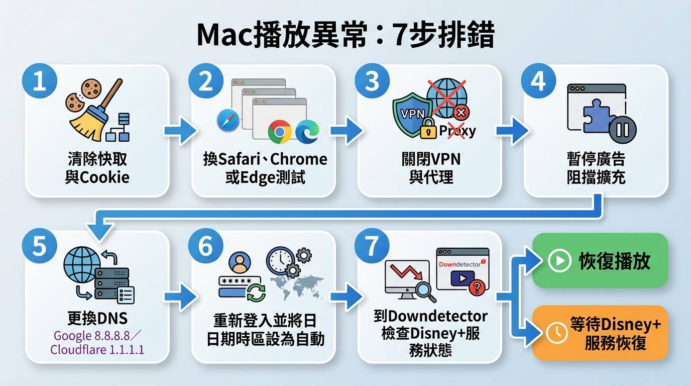 Disney+在Mac播放異常時的七步排錯順序,涵蓋瀏覽器、網路與服務狀態