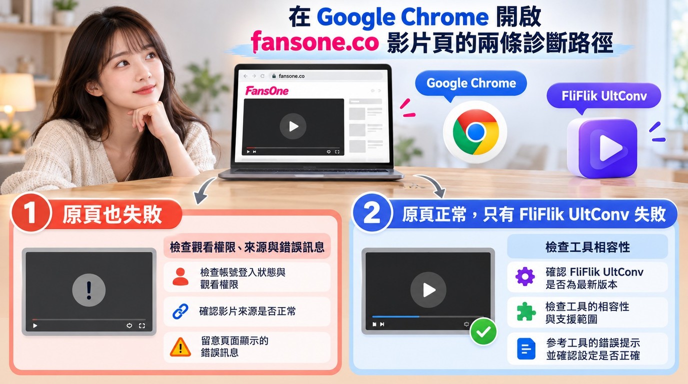 用 Google Chrome 原頁播放結果區分 FansOne 權限問題與 FliFlik UltConv 相容性問題