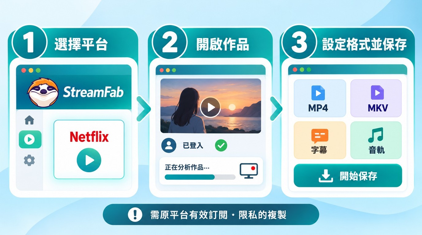 StreamFab從選擇串流平台、開啟作品到保存MP4或MKV的三步操作