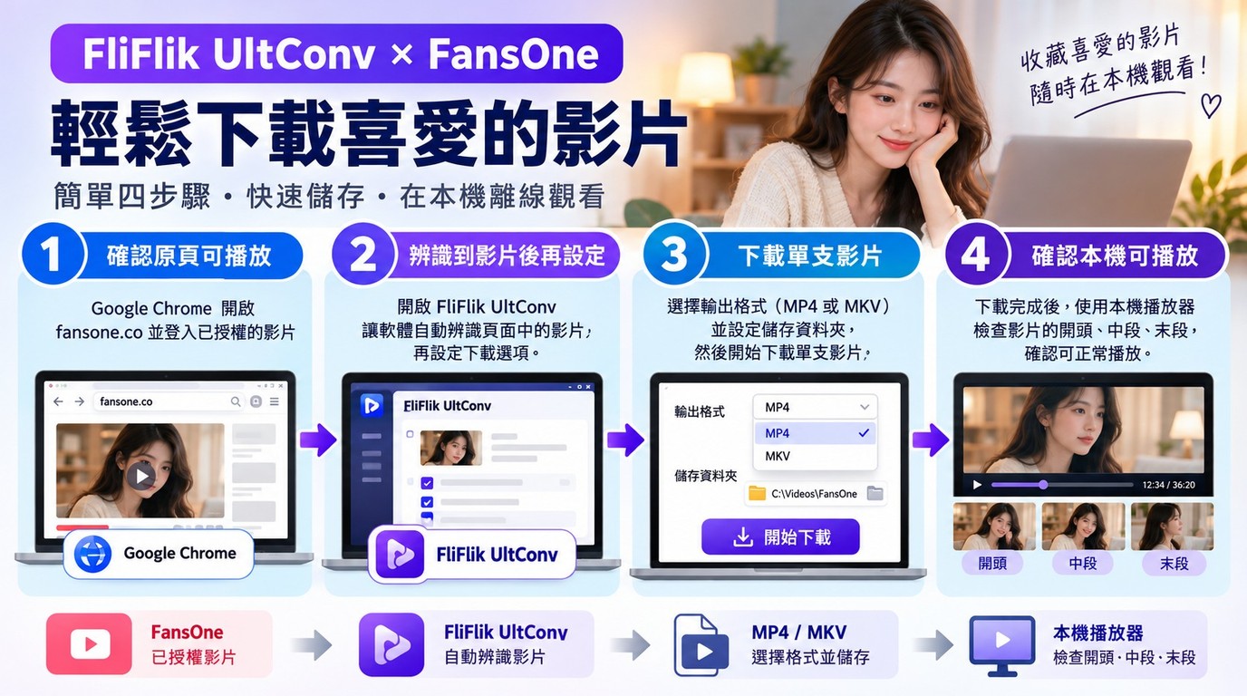 FliFlik UltConv 單支 FansOne 影片從辨識、下載到本機播放檢查的流程