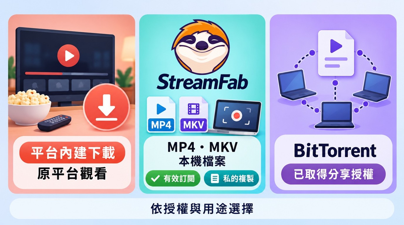 依授權與用途選擇平台內建下載、StreamFab或BitTorrent的判斷路徑