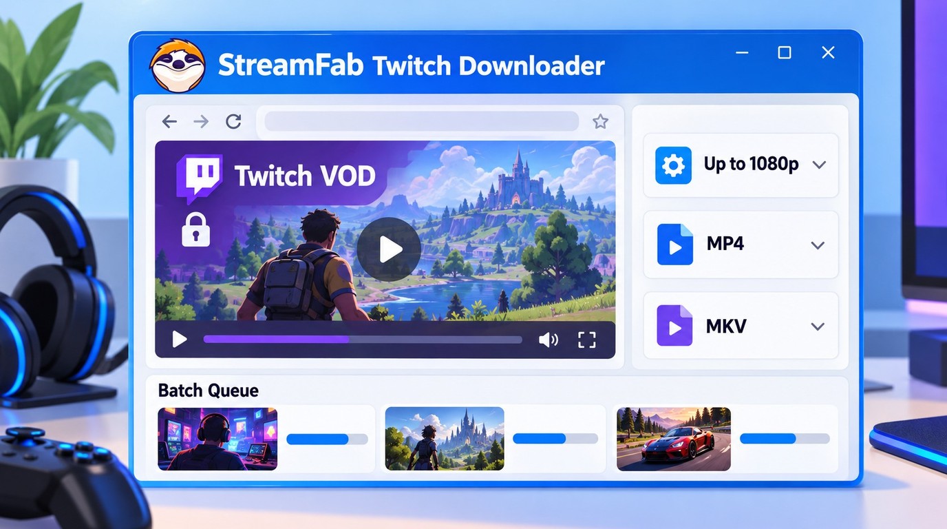 StreamFab Twitch Downloader saving an authorized Twitch VOD as 1080p MP4 or MKV.