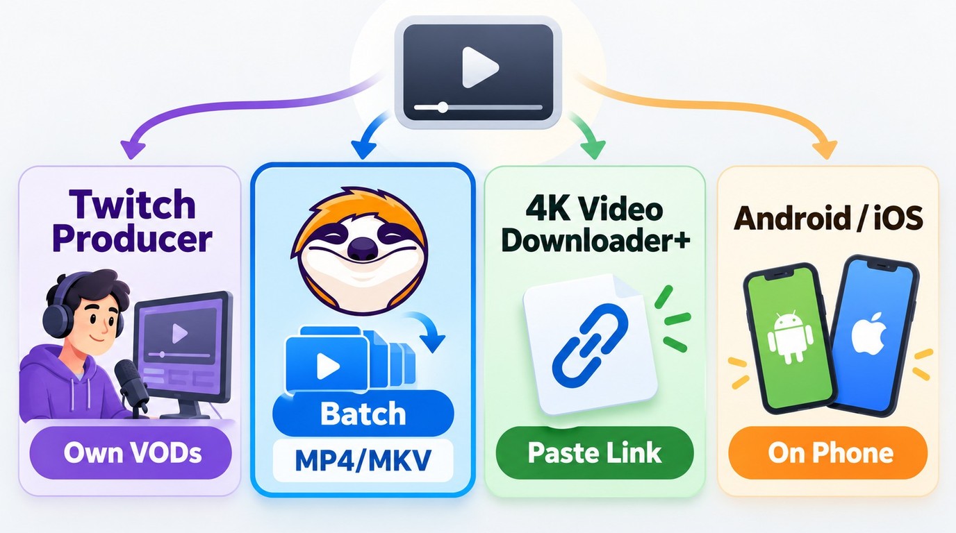 Choosing Twitch Video Producer, StreamFab, 4K Video Downloader Plus, Android, or iOS apps.