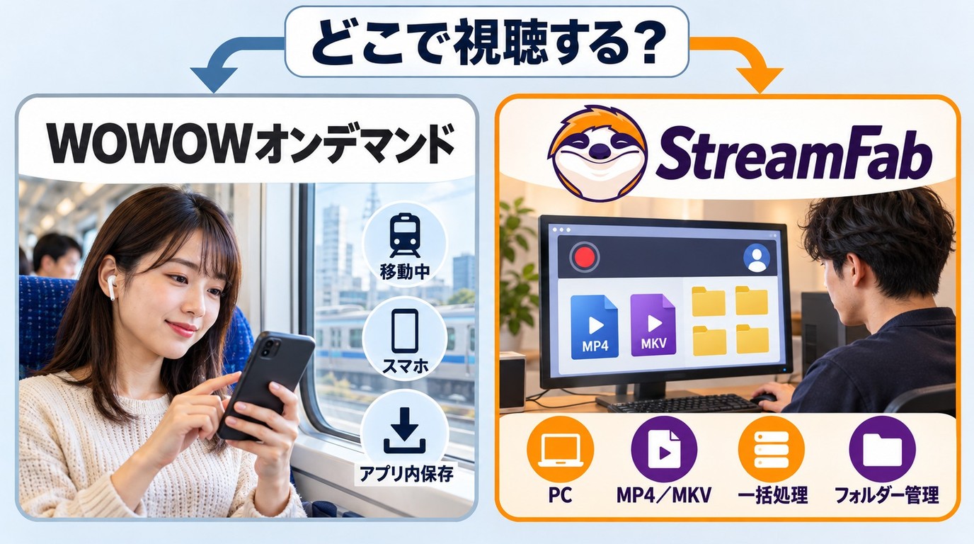 WOWOWオンデマンド公式アプリとStreamFabを視聴端末や保存方法で選ぶ流れ