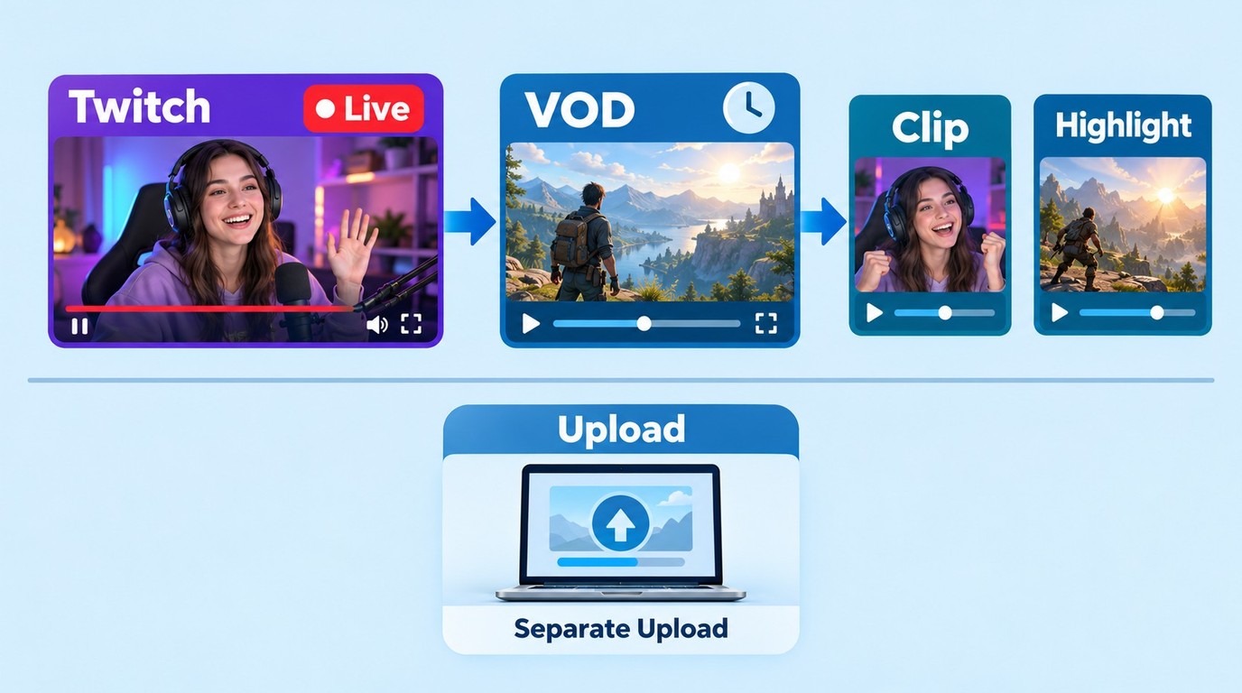 How a Twitch live stream becomes a VOD, Clip, or Highlight, with Uploads shown separately.