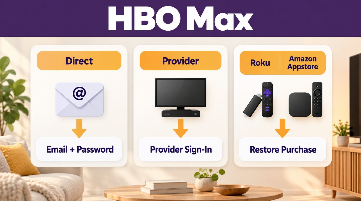 Choose the HBO Max sign-in route based on direct, provider, Roku, or Amazon billing.