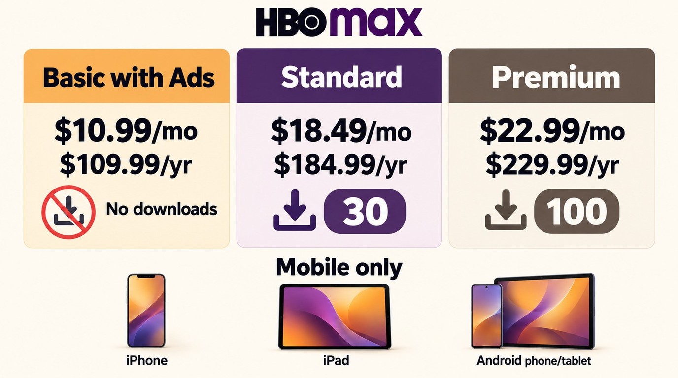 HBO Max plan eligibility and account download caps across supported mobile devices