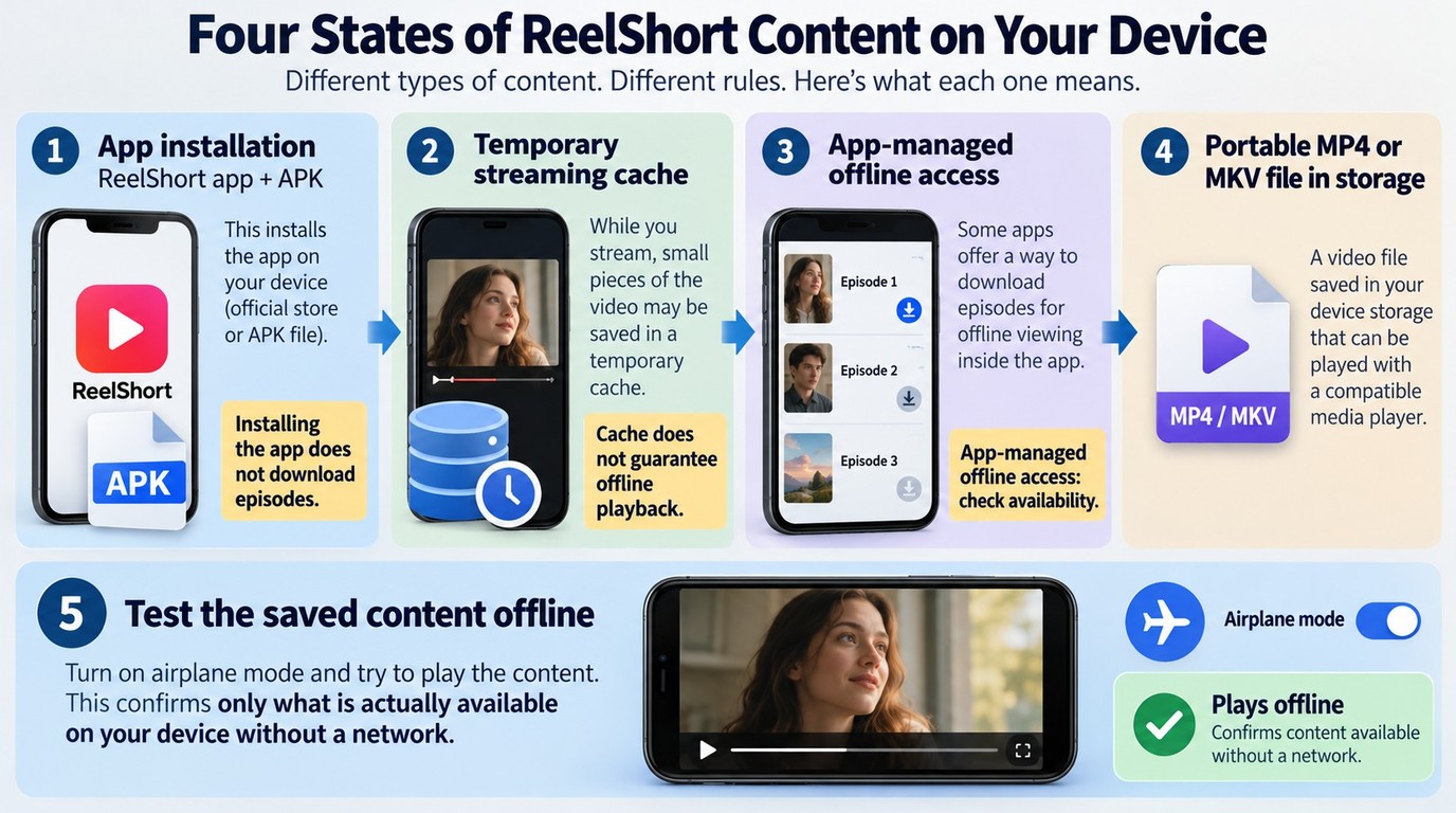 ReelShort app installation, streaming cache, offline access, and local video files compared.