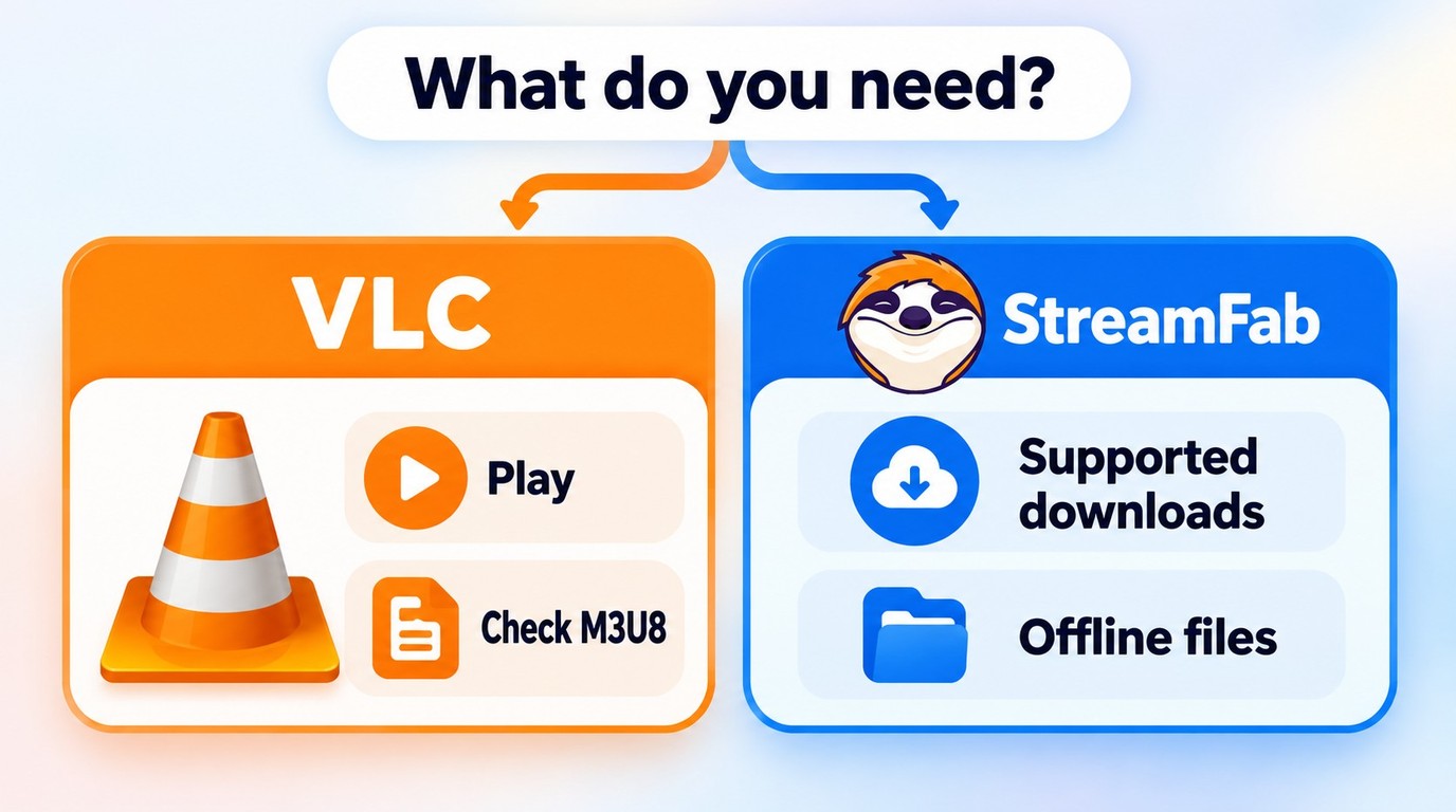 VLC suits playlist checks; StreamFab suits supported repeated offline downloads.